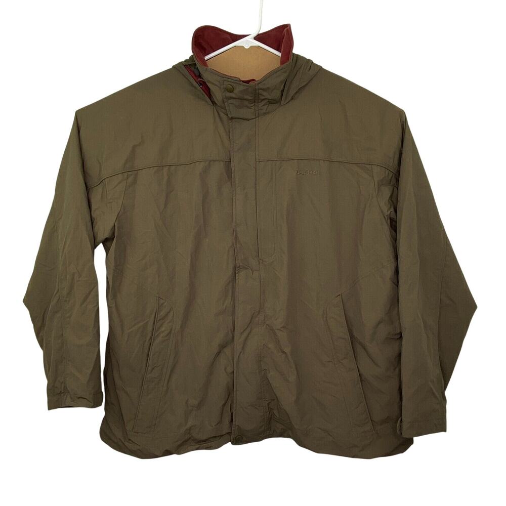 LL Bean Mens XXL Jacket Solid Brown Hooded Nylon Anorak Lined Softshell Full Zip